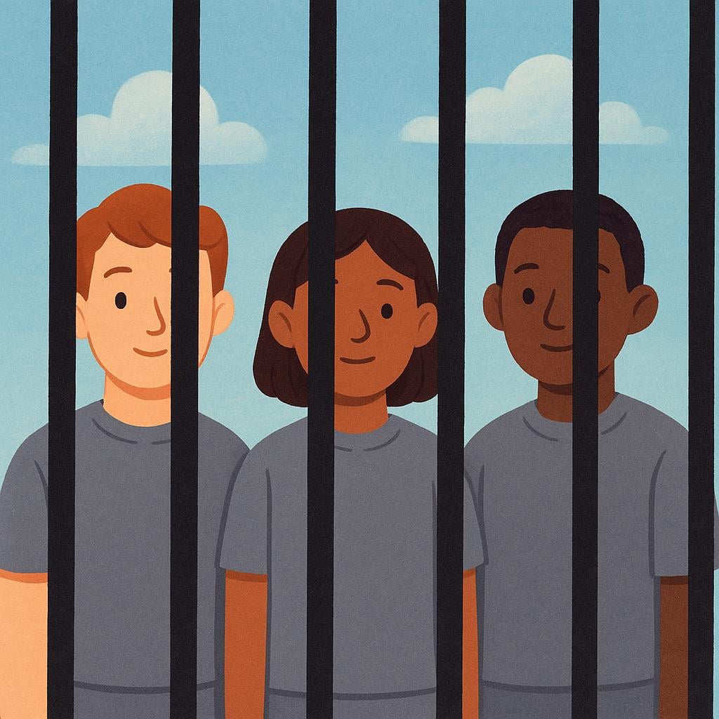 Three figures wearing simple gray uniforms standing closely together behind thick black vertical metal bars, illustrating confinement.