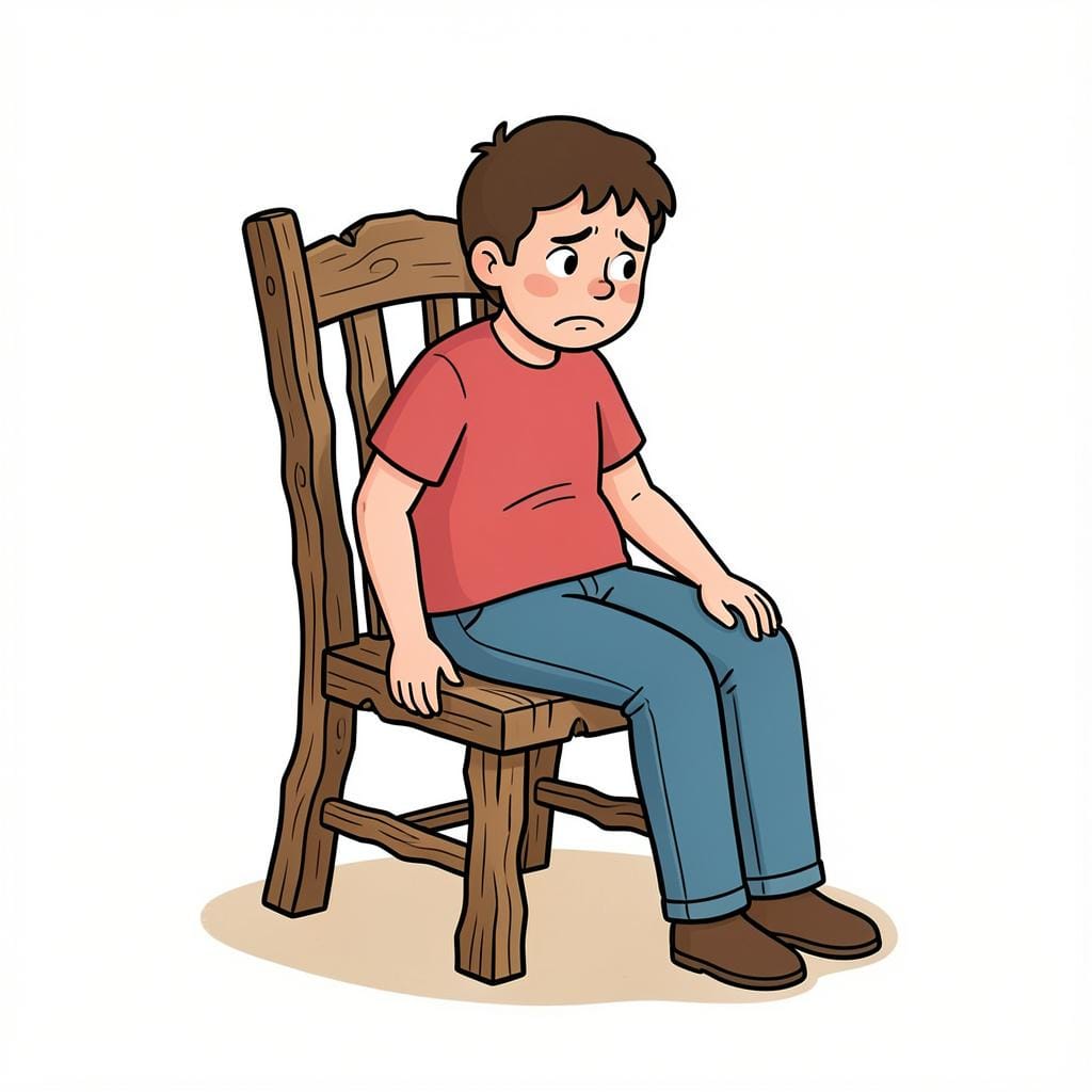 Een persoon die op een harde, bobbelige, ongelijke houten stoel zit met een ongelukkige uitdrukking.