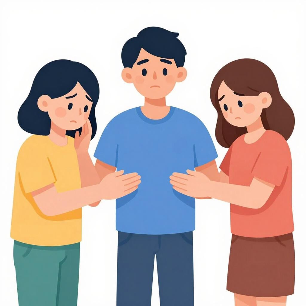 A person in a green shirt standing between two arguing people, holding their hands out to calm them.