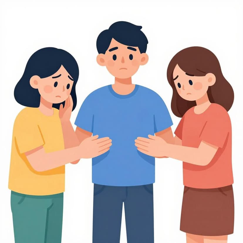 A person in a green shirt standing between two arguing people, holding their hands out to calm them.