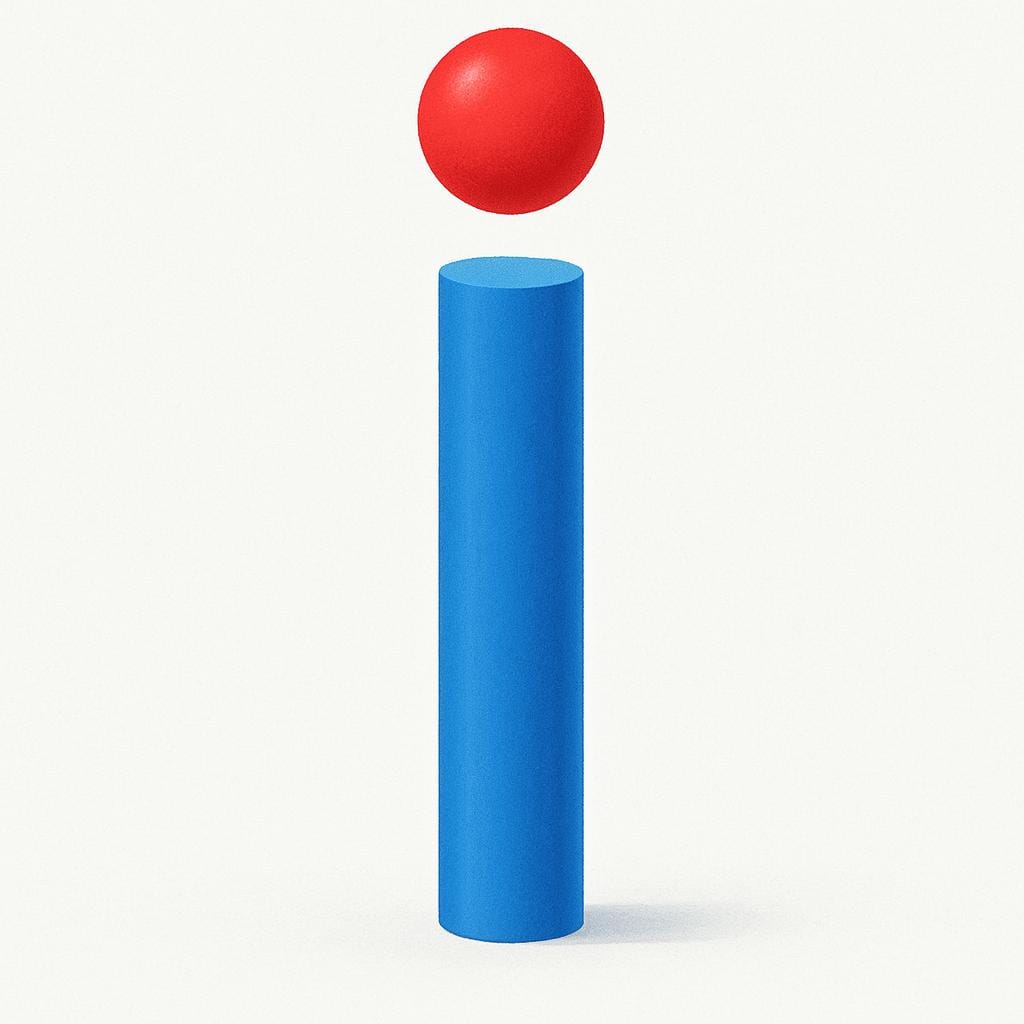 A tall, thin, straight blue pillar standing on a simple background, with a small, perfectly round red sphere floating directly above its center, symbolizing the structure of the letter 'i'.