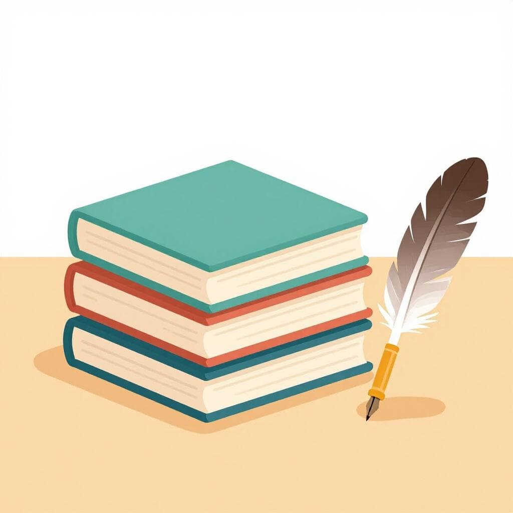 Een stapel kleurrijke hardcover boeken met een ganzenveer ernaast.