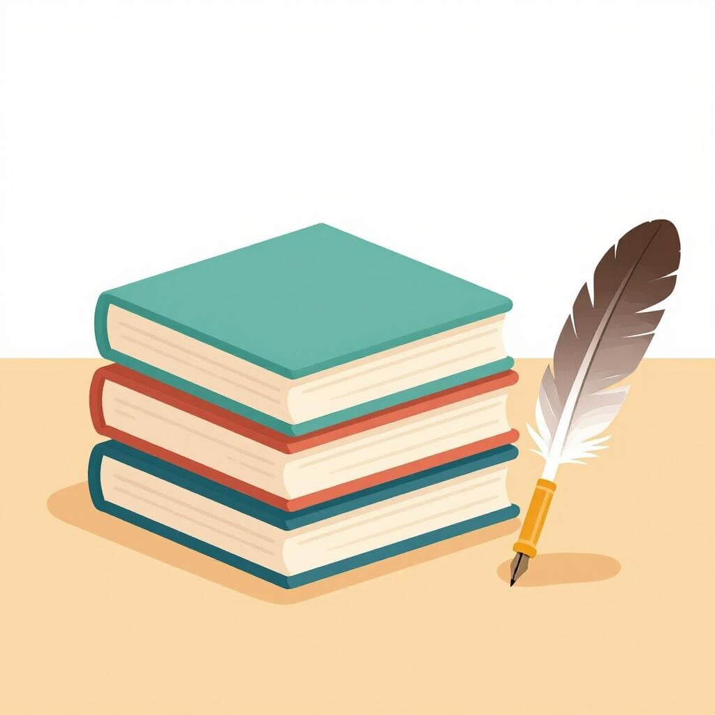 Uma pilha de livros de capa dura coloridos com uma pena ao lado.