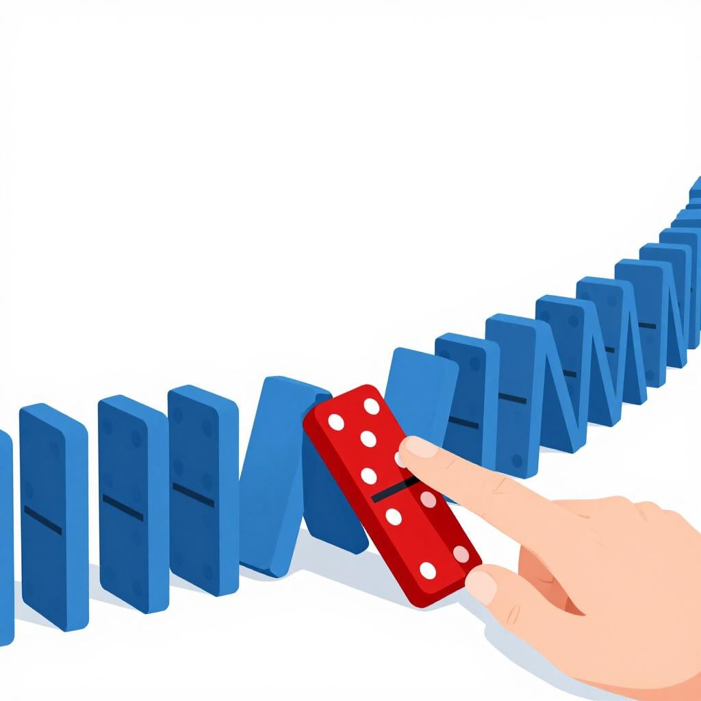 Un seul domino tombant qui déclenche une longue réaction en chaîne de nombreux autres dominos debout.