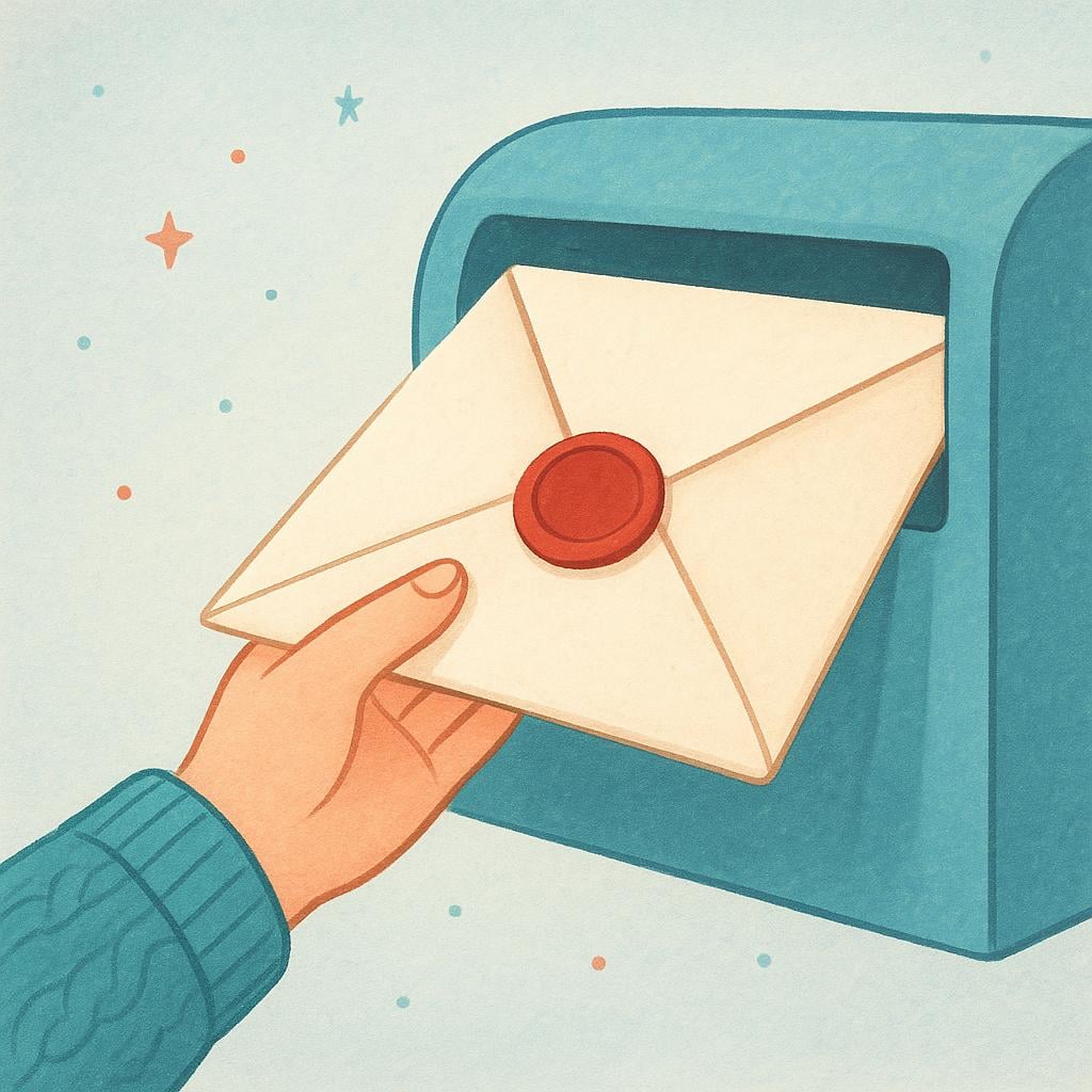 A hand gently placing a sealed envelope into a mailbox slot.
