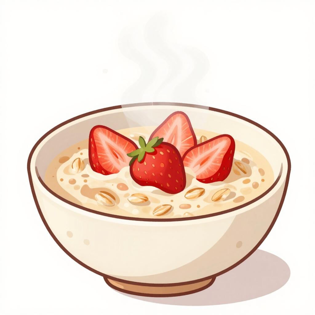 A bowl of steaming hot oatmeal topped with fresh red strawberries.