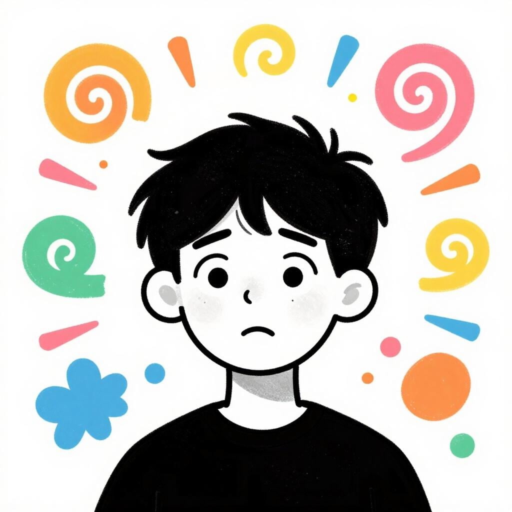 髪がボサボサで目が大きく見開かれた人が、カラフルな渦巻きに囲まれている様子を表すカラフルなイラスト。