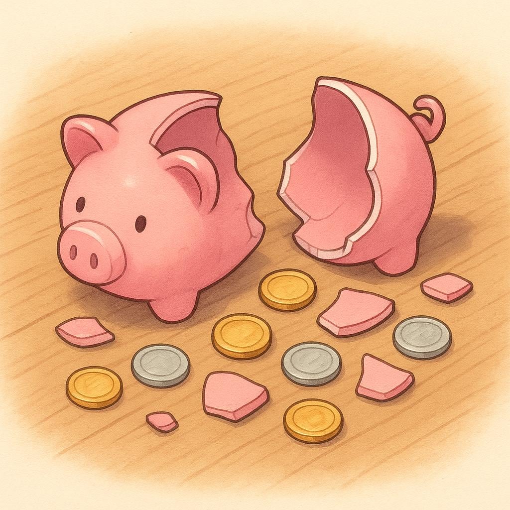A pink ceramic piggy bank lying on a wooden surface, shattered into large pieces with coins spilling out of the cracks.