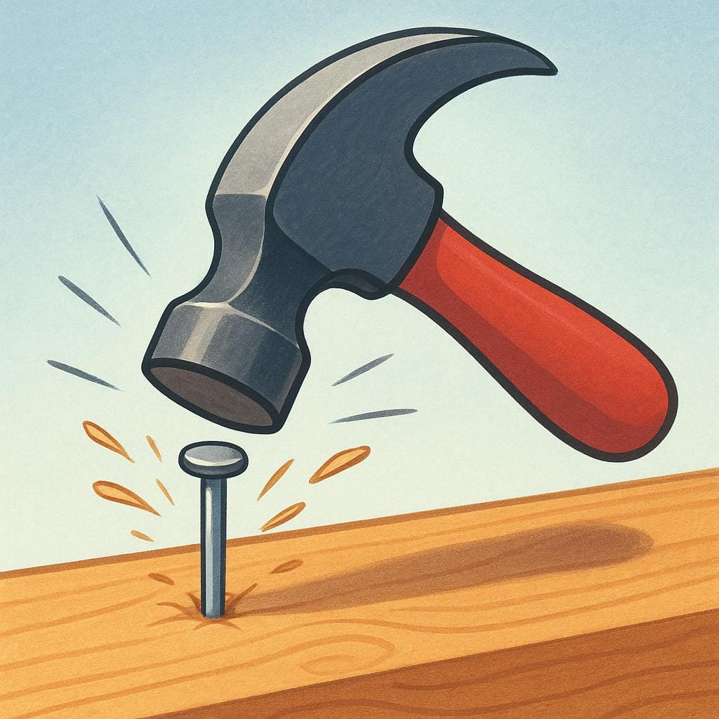 A sturdy hammer successfully drives a nail deep into a plank of wood, illustrating utility.