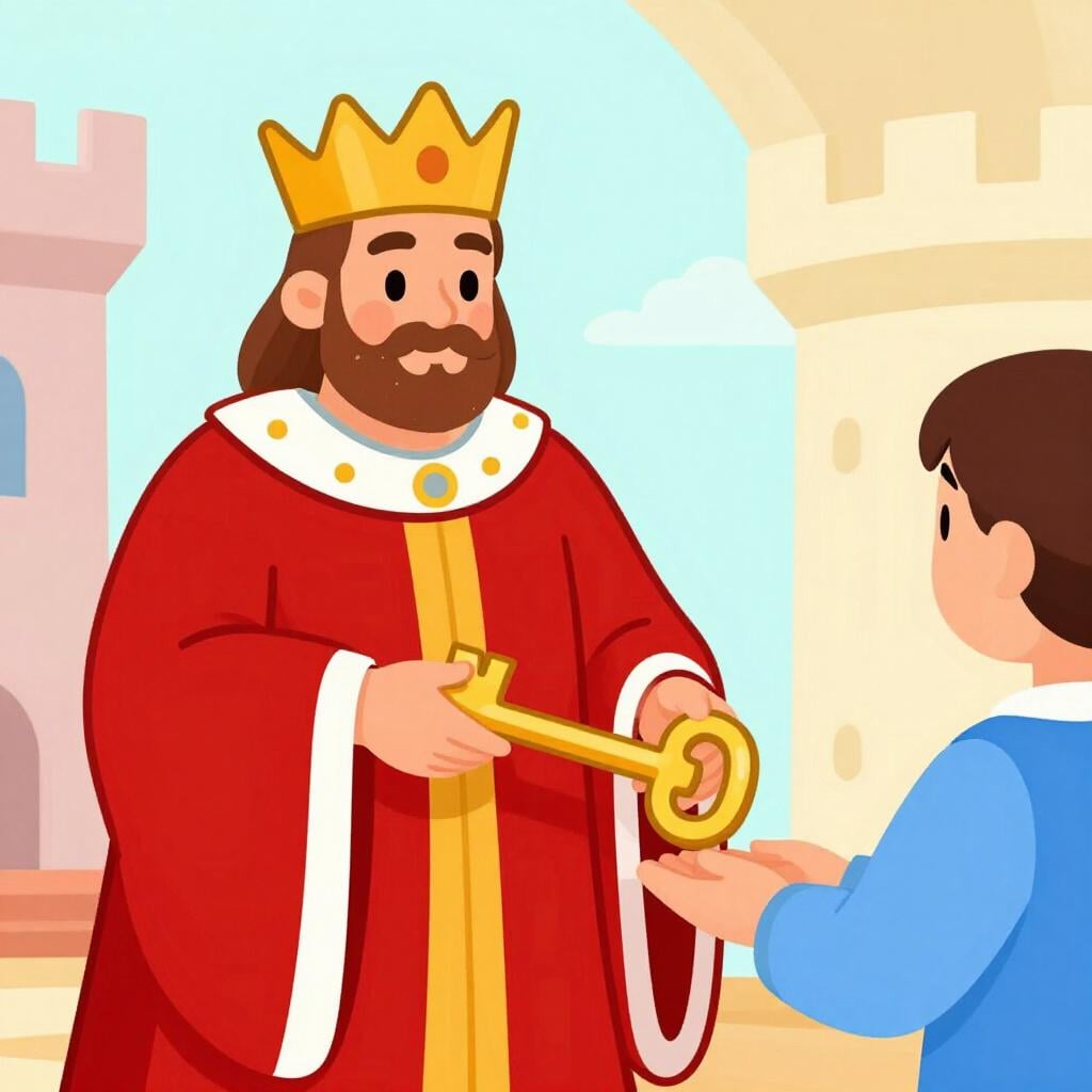 A king handing a golden key to a person kneeling respectfully.
