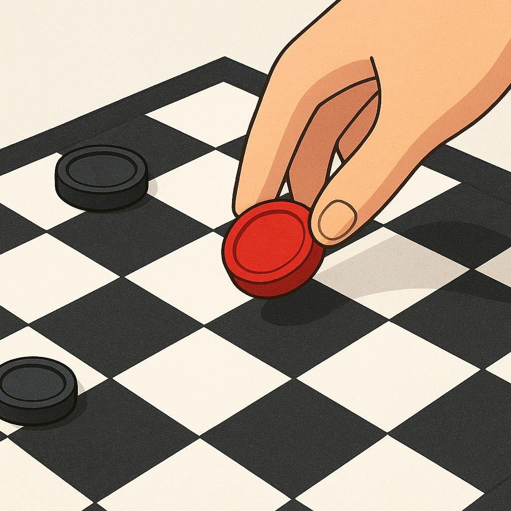 A close-up view of a hand reaching down to a black and white checkerboard to pick up and remove an opponent's red checker piece, symbolizing capture.