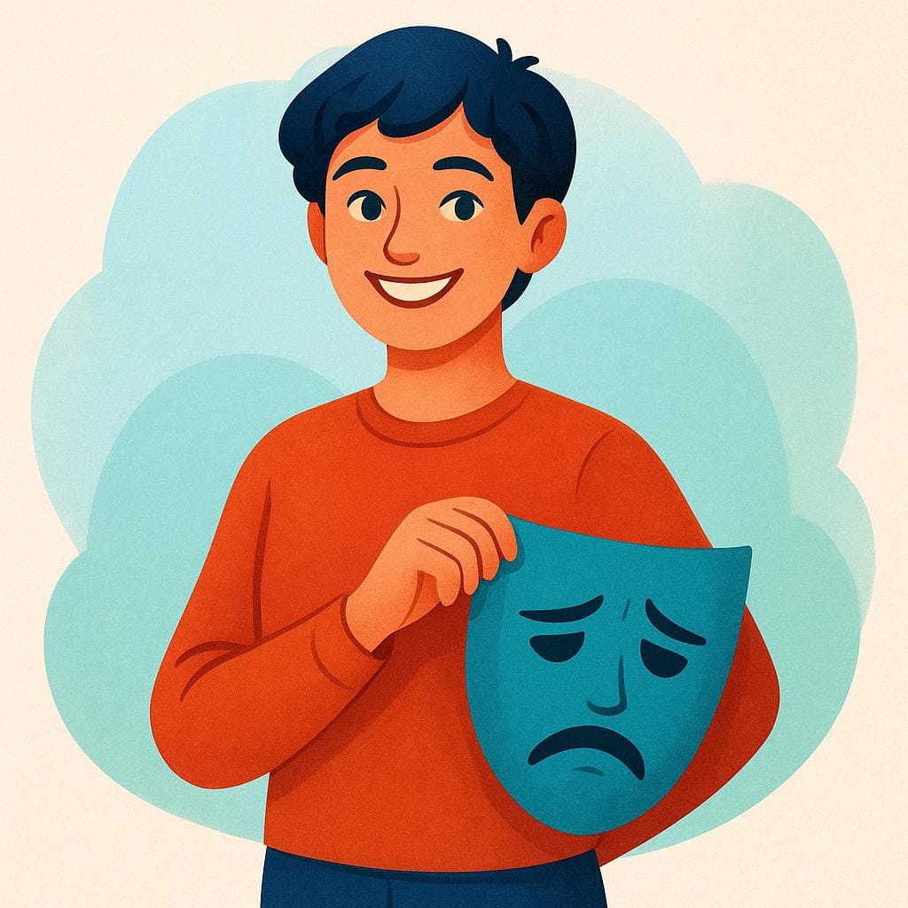 A person smiling brightly, but subtly holding a sad, frowning mask hidden behind their back, symbolizing a pretense or sham.