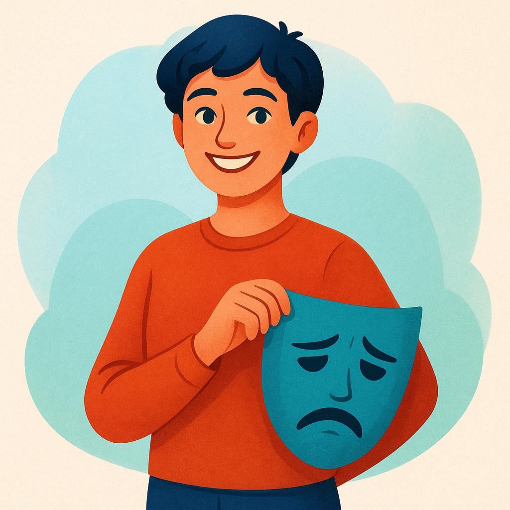 A person smiling brightly, but subtly holding a sad, frowning mask hidden behind their back, symbolizing a pretense or sham.