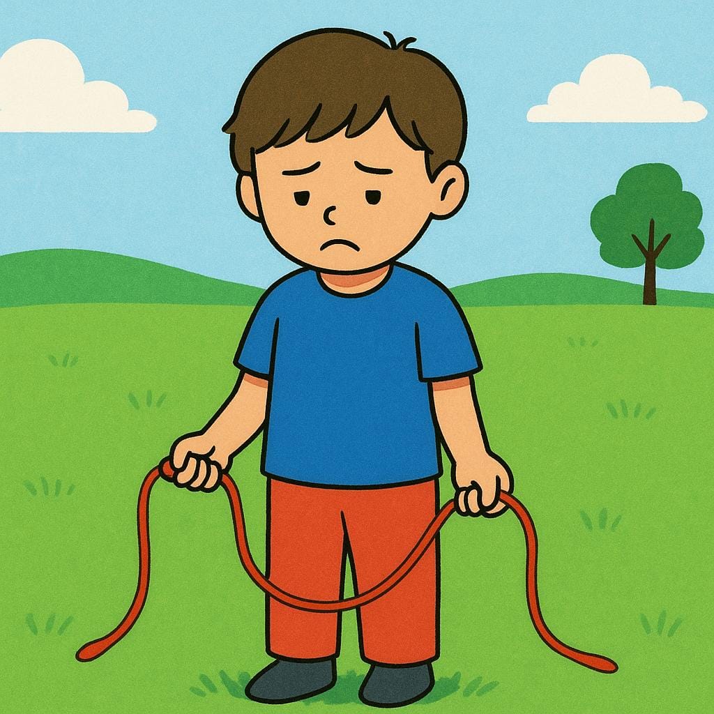 A child looking sad and disappointed, holding an empty red rope or leash, suggesting they lost an object they were holding.
