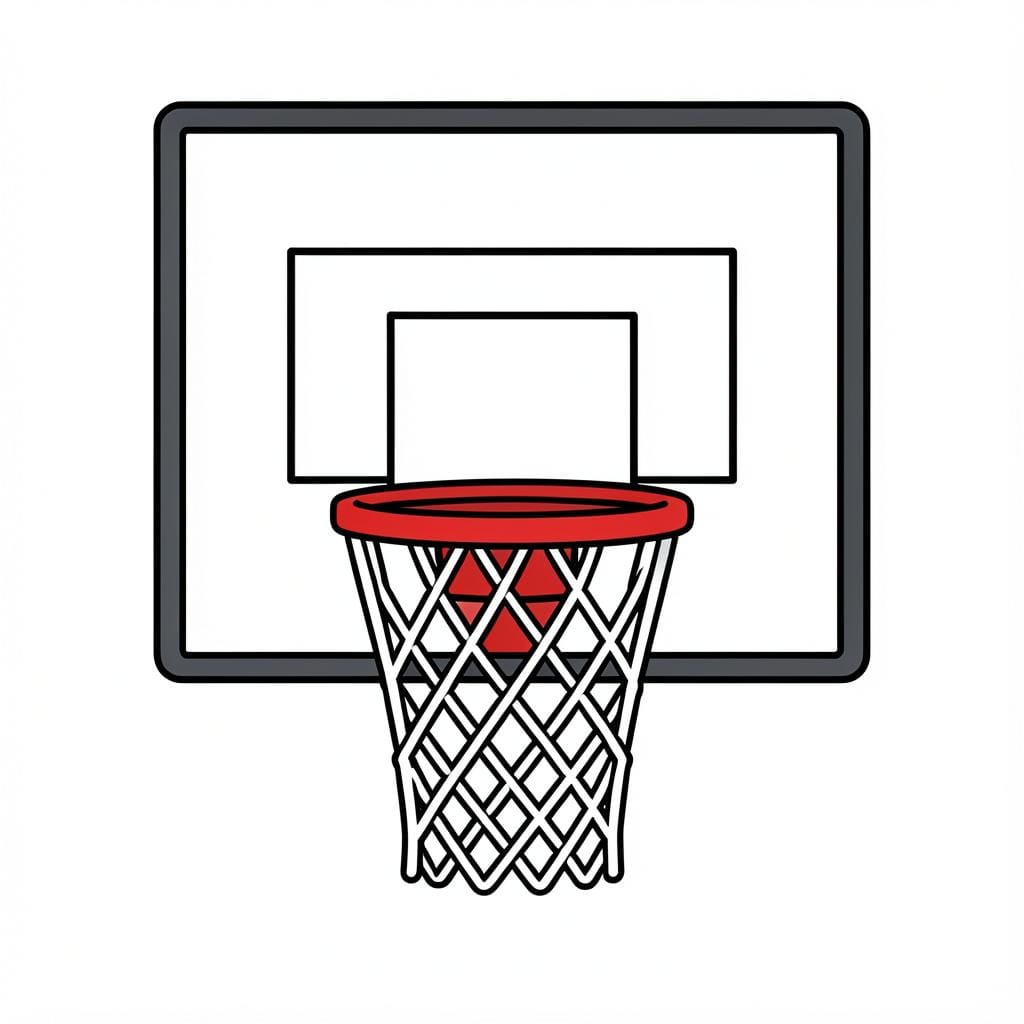 A basketball hoop attached to a clear rectangular backboard.