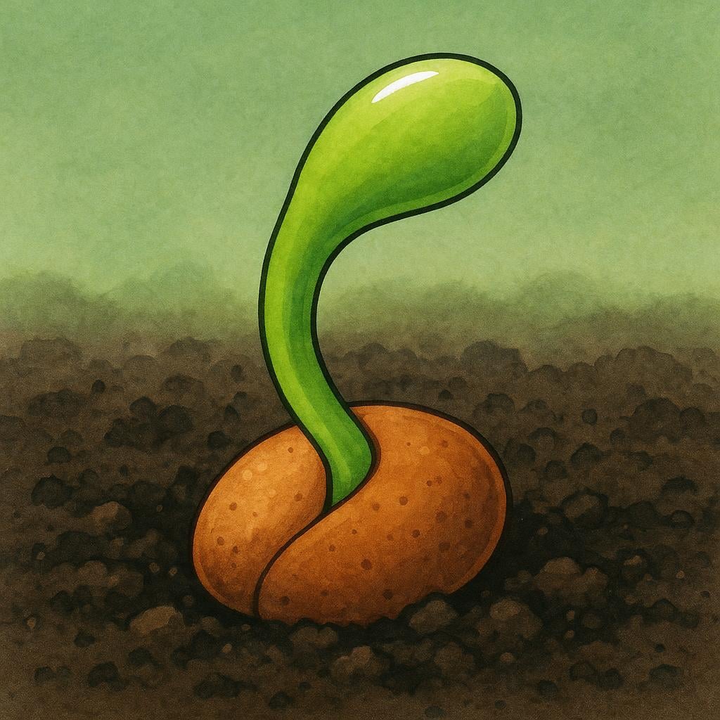 A close-up illustration of a small brown seed partially buried in dark soil. A bright green shoot is actively emerging from the top of the seed, showing an event currently in progress.