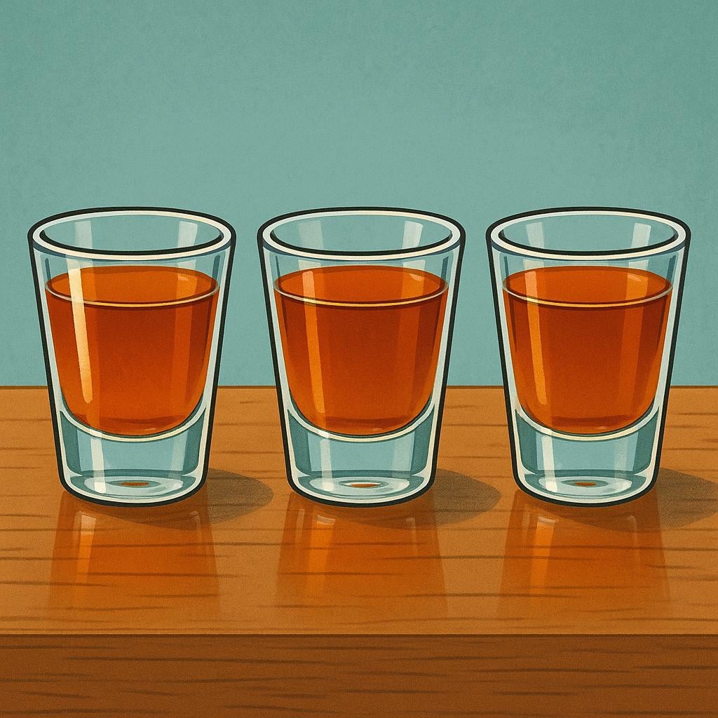 Three small, clear shot glasses lined up on a wooden bar counter, each filled with a distinct clear or amber liquid.