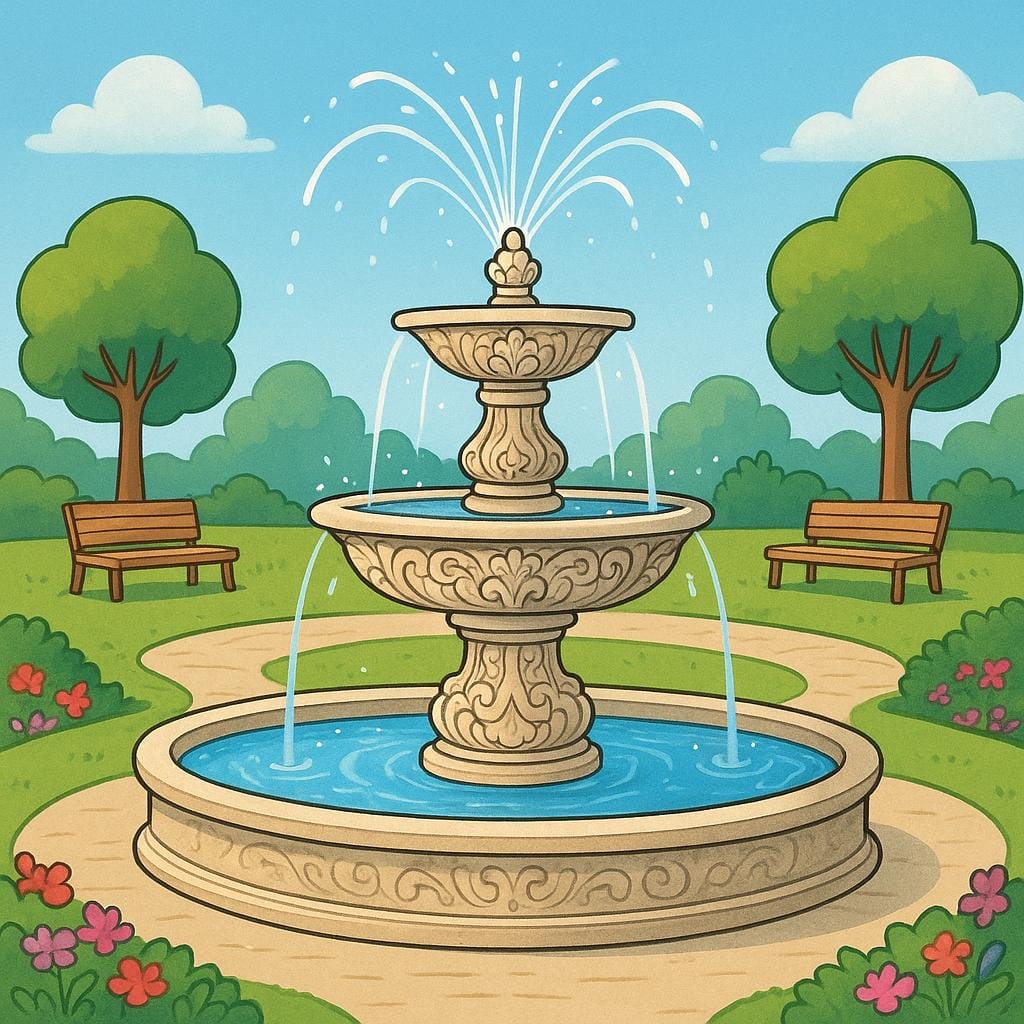 A tiered outdoor fountain spraying clear water into a large stone basin in a public park.