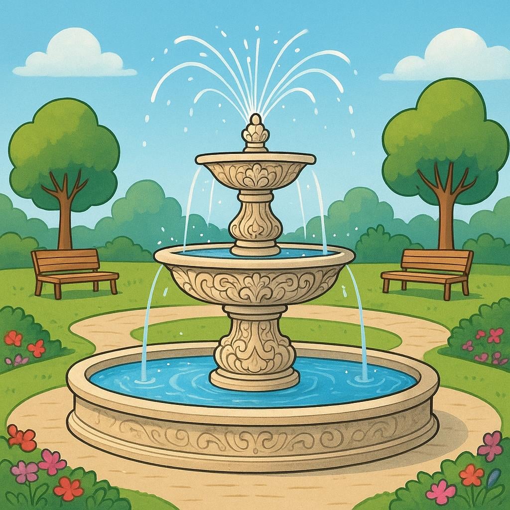 A tiered outdoor fountain spraying clear water into a large stone basin in a public park.