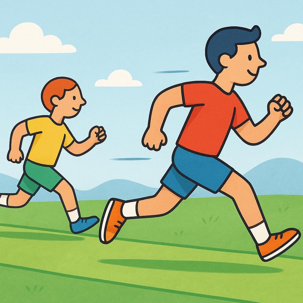 A simplified illustration of two runners on a track, where the runner in the front has a significant distance advantage over the runner behind.