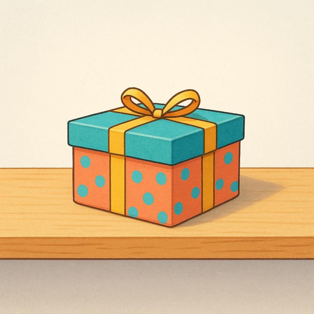 A single, colorful, packaged retail item, resembling a simple box with a bow, placed prominently on a shelf, symbolizing commercial merchandise.