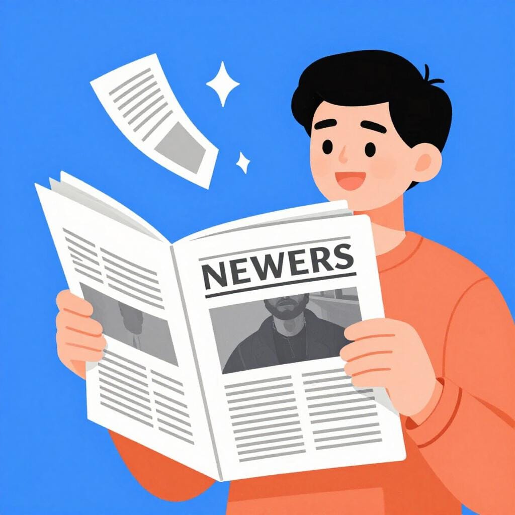 갓 인쇄된 신문이나 잡지를 들고 기뻐하는 사람.