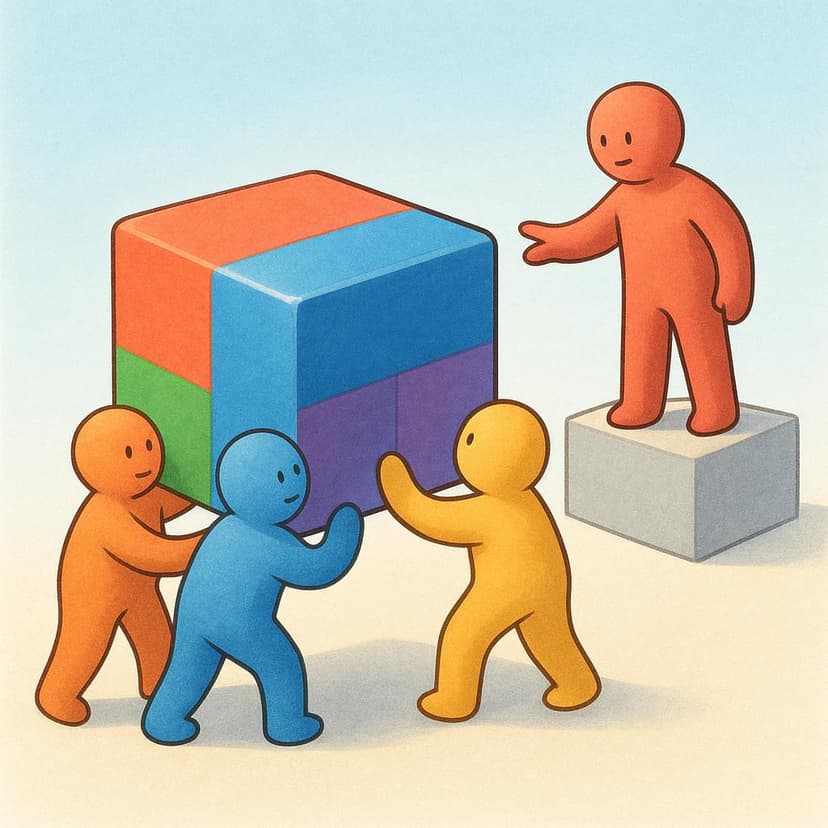 A colorful illustration showing three people collaborating to lift a large, bright blue block. A fourth person, standing slightly elevated and dressed formally, gestures down towards the group, giving a clear command to perform the action.