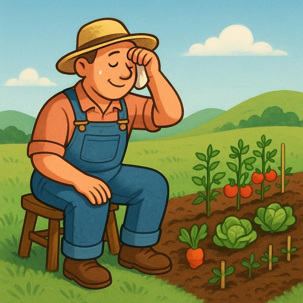 A farmer wearing overalls and a straw hat is sitting down next to a completed, freshly planted garden row, wiping sweat from their brow in satisfaction.