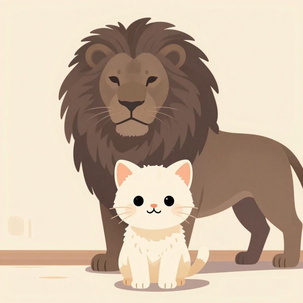 Ein kleines Kätzchen steht aufrecht und wirft einen großen, königlichen Schatten eines Löwen.