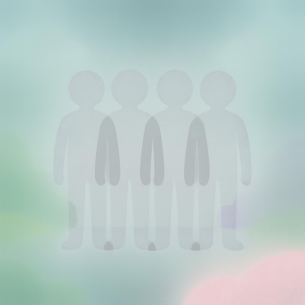 Une illustration de livre d'histoires de haute qualité montrant quatre simples silhouettes masculines identiques et tristes, debout ensemble en groupe sur un fond uni, représentant le groupe collectif des personnes assassinées.