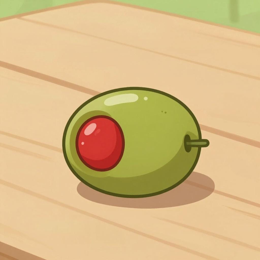 A small green olive with a red pimento center sitting on a wooden surface.