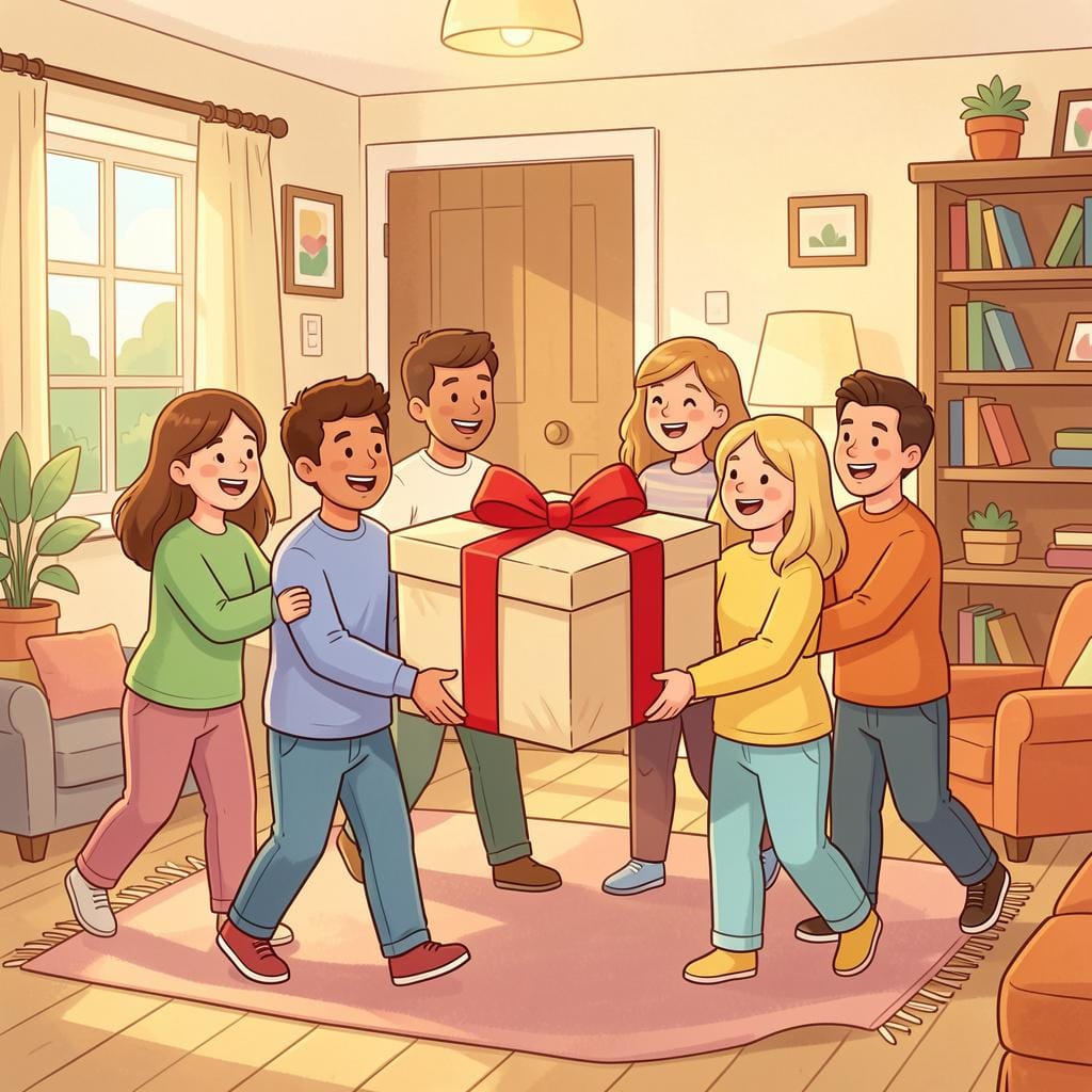 A group of people together carrying a large, colorful gift box into a room.