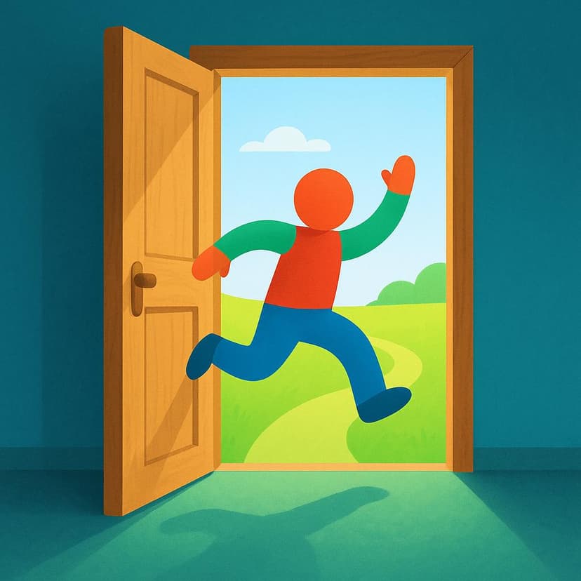 A stylized figure quickly running out through an open, brightly lit doorway onto an exterior path.