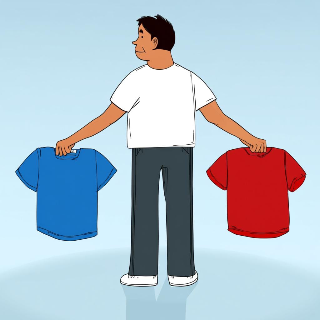 Uma pessoa segurando uma camisa azul e uma camisa vermelha, olhando pensativamente para elas como se estivesse decidindo qual vestir.