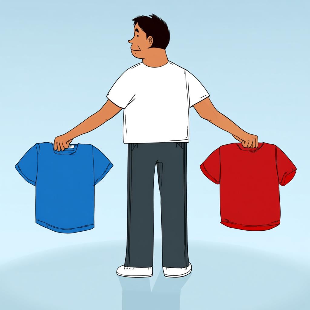 A person holding a blue shirt and a red shirt, looking thoughtfully at them as if deciding which one to wear.