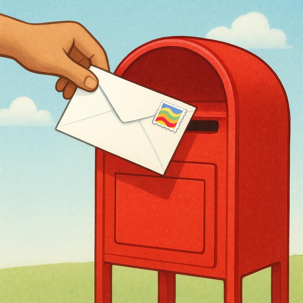 A hand dropping a sealed white envelope with a colorful stamp into the slot of a bright red, traditional mailbox.