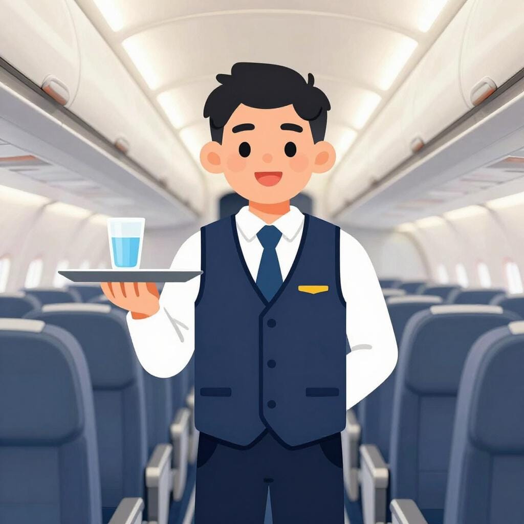 A friendly male flight attendant in a professional blue uniform standing in an airplane aisle holding a small tray with a glass of water.