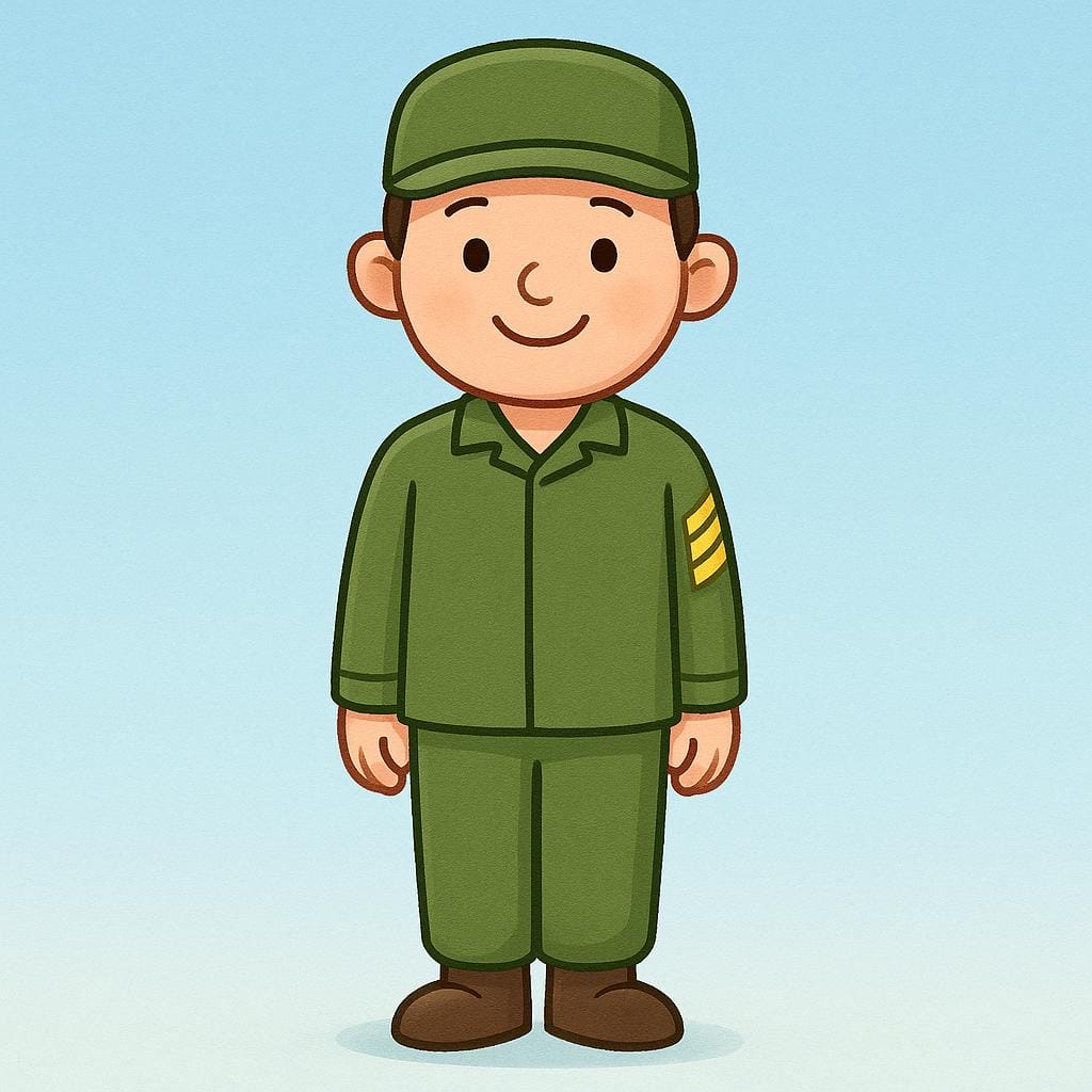 Um soldado em um uniforme militar verde simples em posição de sentido. A insígnia de patente mostrando três chevrons apontando para cima, representando um sargento, é claramente visível na manga.
