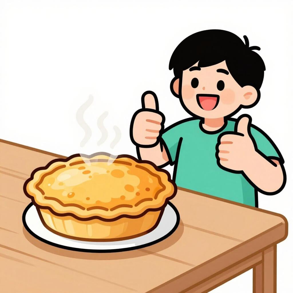A smiling person giving a enthusiastic double thumbs up next to a glowing, perfectly golden-brown pie.