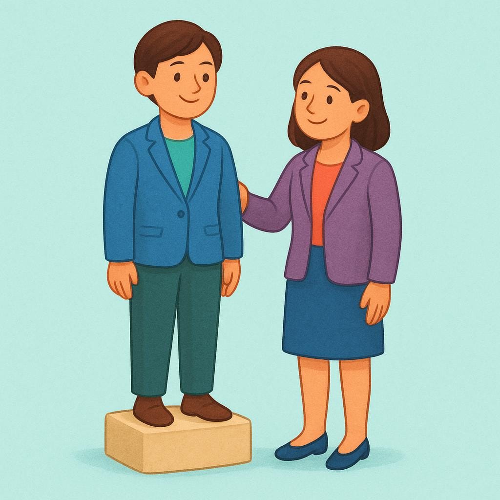 A simple storybook illustration showing two figures representing a government hierarchy. One figure stands on a slightly elevated small platform, symbolizing the primary leader. The second figure stands immediately next to them on the ground level, signifying the second-in-command.