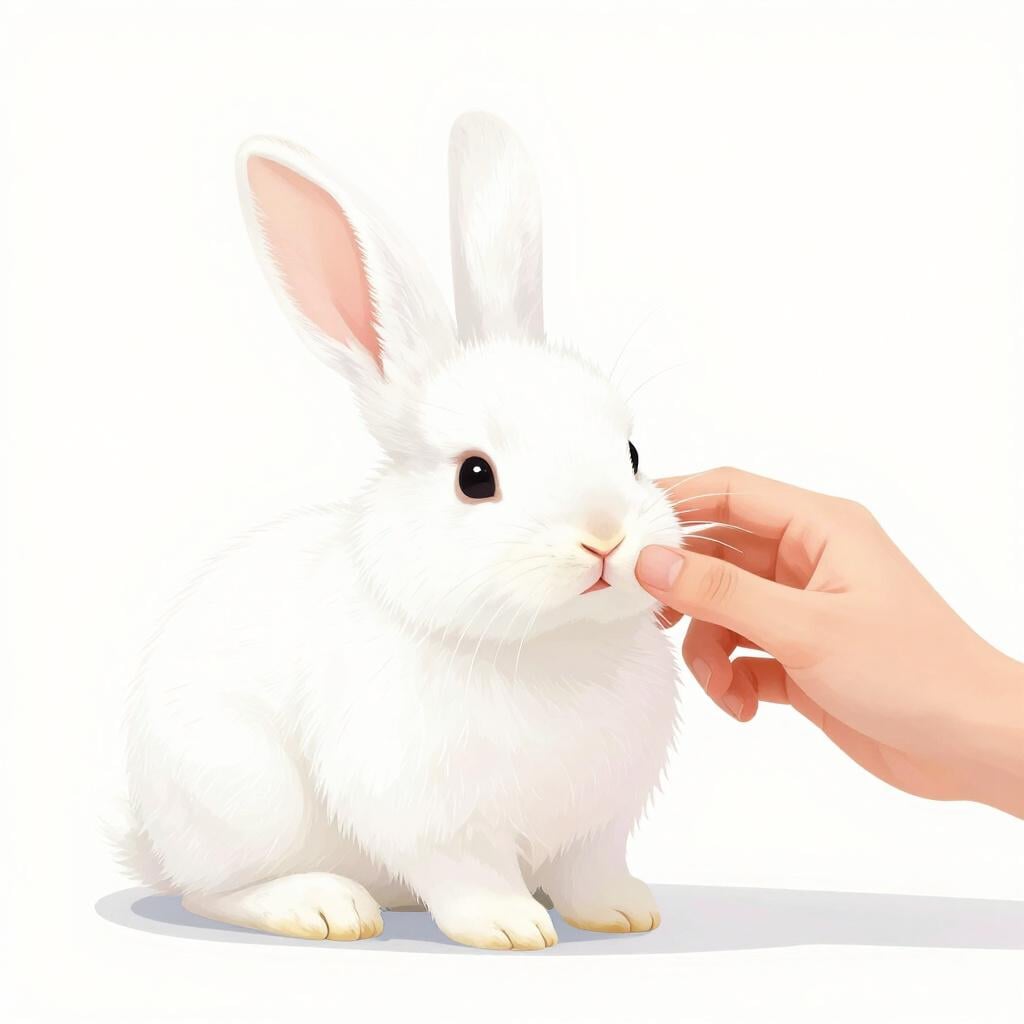 A fluffy white rabbit being touched by a hand, showing its soft fur.