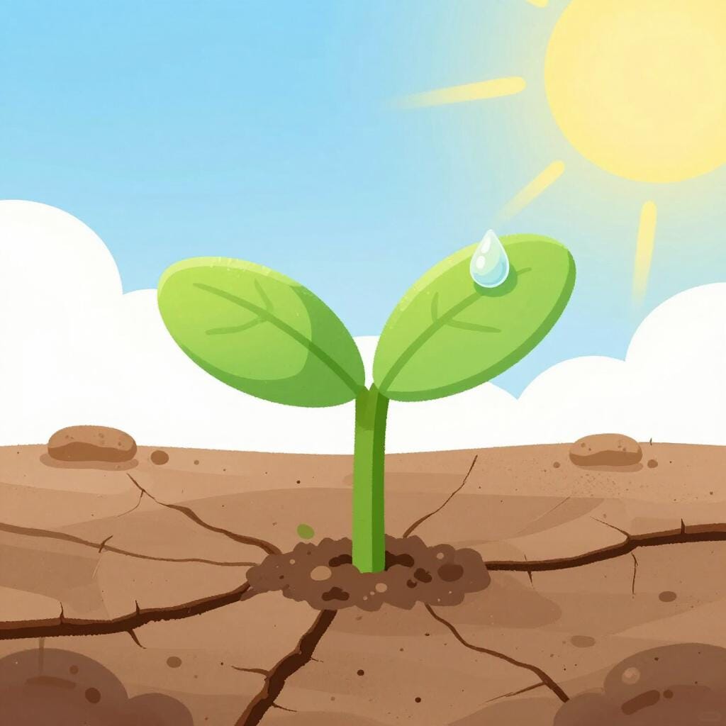 A small green plant sprouting out of a dry, cracked earth with a single drop of water falling on it.