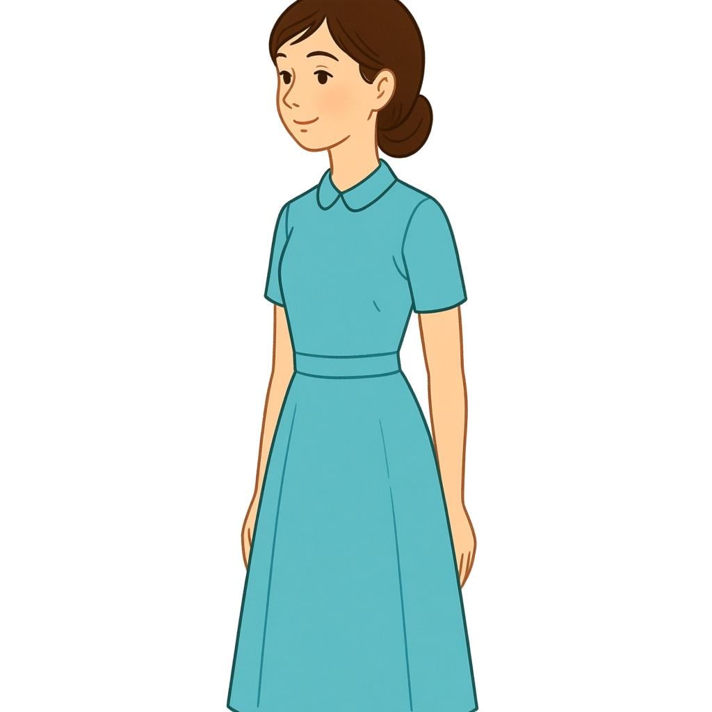 A simple storybook illustration of a young woman standing formally, representing the respectful title 'Miss'.