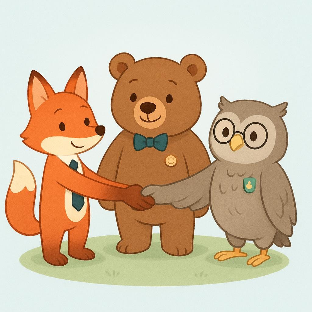 Ilustracja z książki dla dzieci przedstawiająca lisa, niedźwiedzia i sowę stojących razem w kółku i podających sobie łapy, symbolizująca formalną organizację.