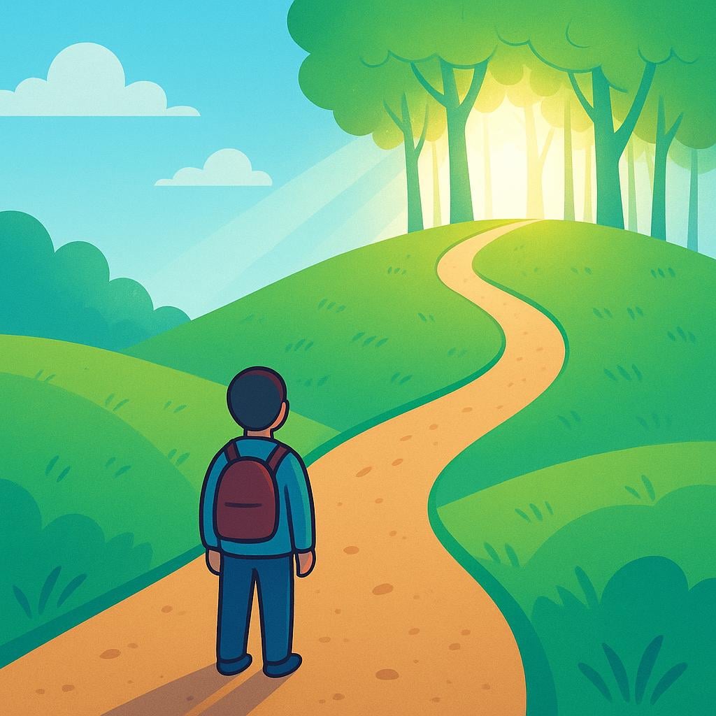 A solitary person stands at the beginning of a winding dirt path that leads up a hill towards a brightly lit forest, representing a life path.