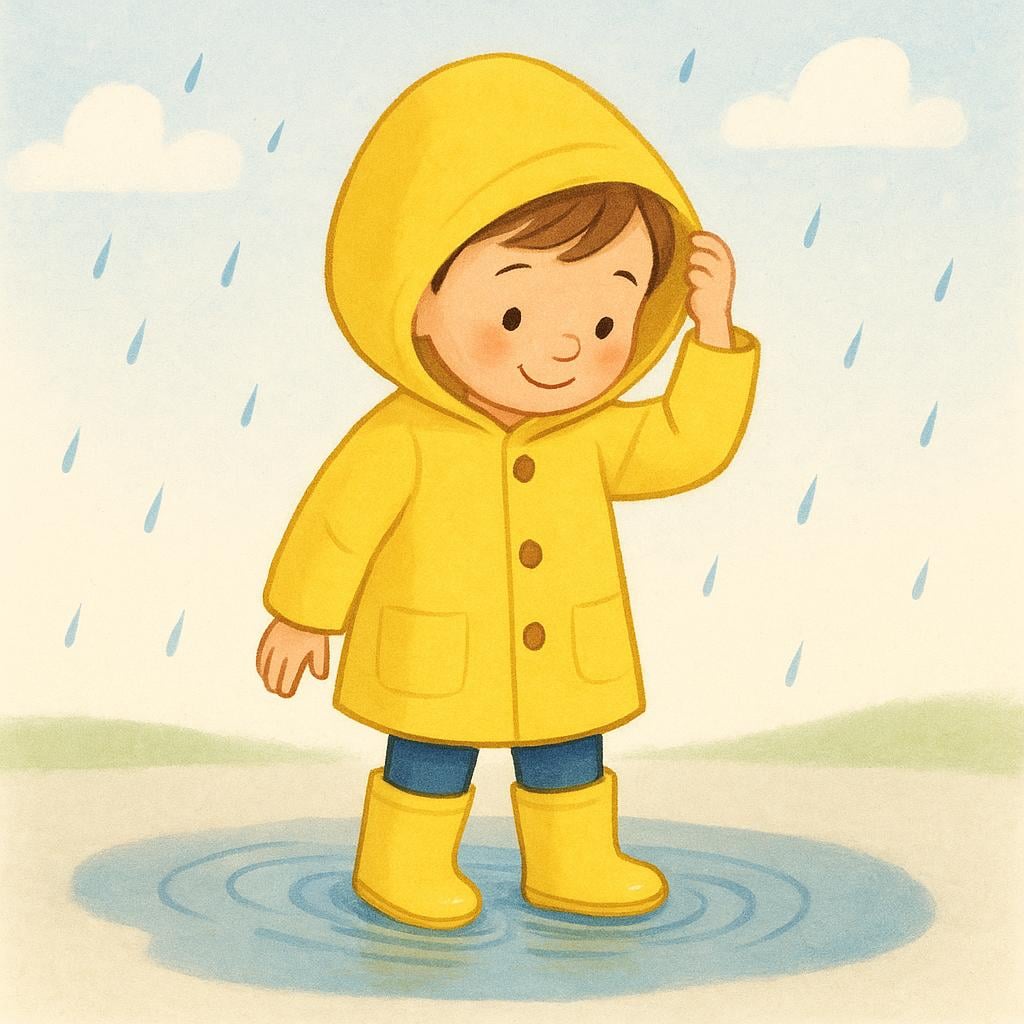 A child happily wearing a bright yellow raincoat and matching rain boots while jumping in a puddle.