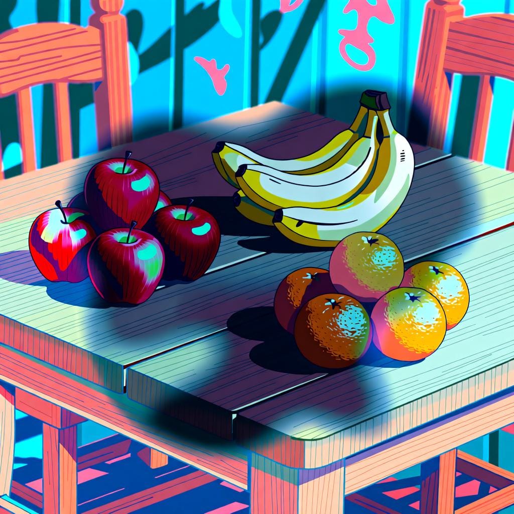 A collection of different types of fruits like an apple, a banana, and an orange, organized in separate groups.
