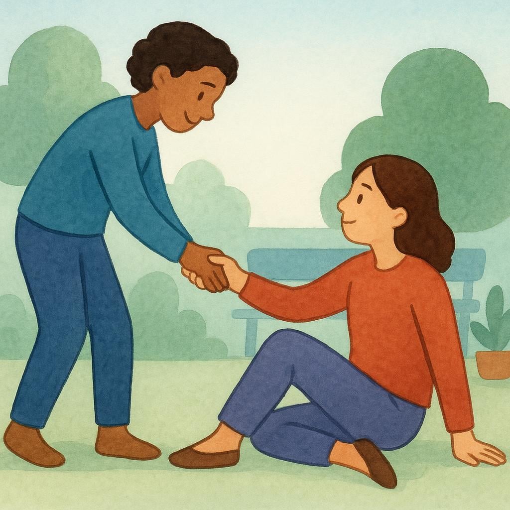 A high quality simple colorful storybook illustration showing one small figure extending a hand down to another small figure who is sitting on the ground, clearly helping them get back up. The background is soft and simple.