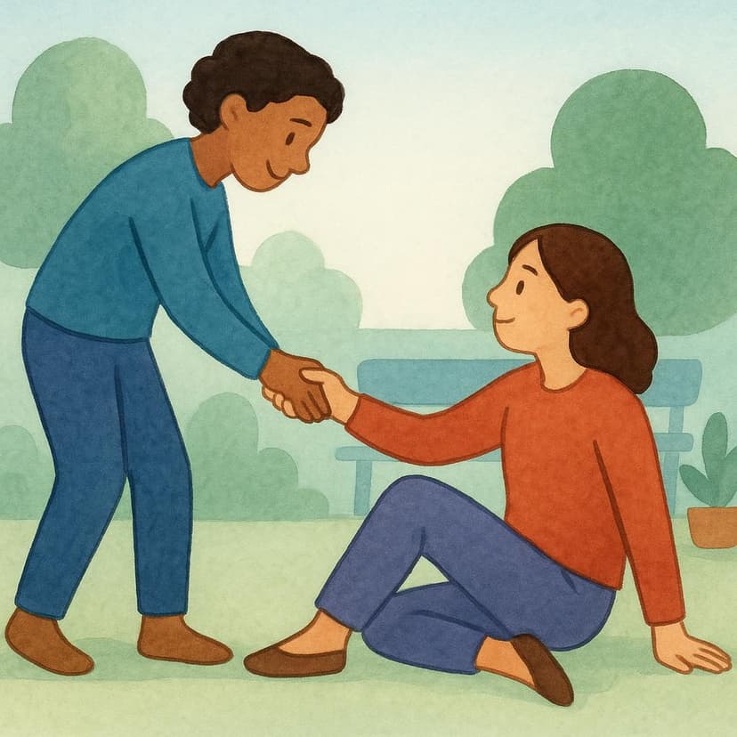 A high quality simple colorful storybook illustration showing one small figure extending a hand down to another small figure who is sitting on the ground, clearly helping them get back up. The background is soft and simple.