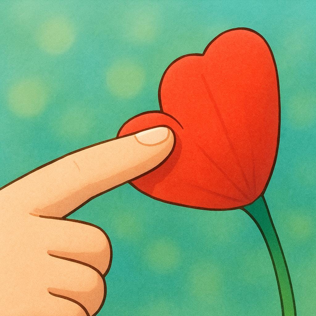 A person's index finger gently touching the petal of a bright red flower.